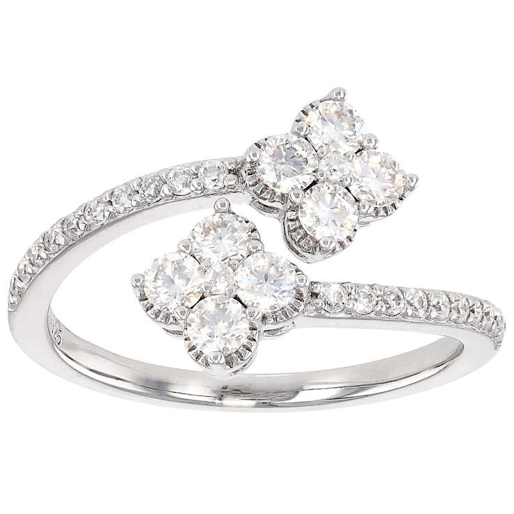 Moissanite Clover Bypass Ring In Platinum-Enhanced Sterling Silver