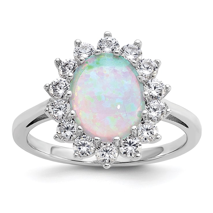 Rhodium Over Sterling Silver Lab Created Opal and Cubic Zirconia Oval
Halo Ring