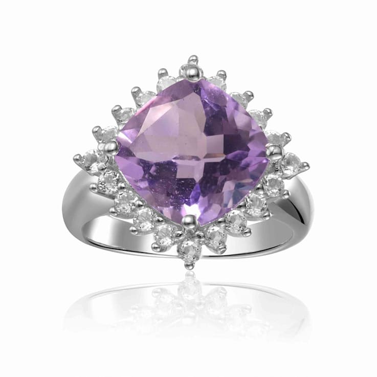 Checkerboard Square Cushion Cut Amethyst with White Topaz Accents
Sterling Silver Halo Ring