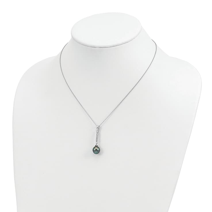 Rhodium Over Sterling Silver 9-10mm Tahitian Pearl Cubic Zirconia
Earring and Necklace Set