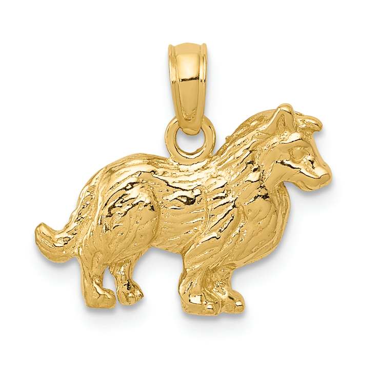 14k Yellow Gold Textured Collie Dog Pendant