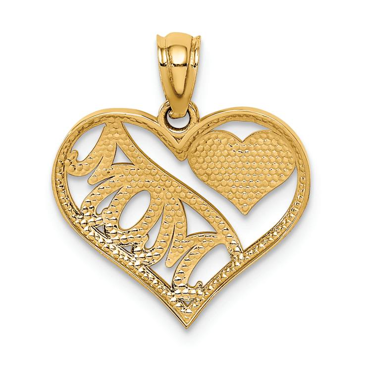 14k Yellow Gold Textured Polished MOM and Heart In Heart Pendant