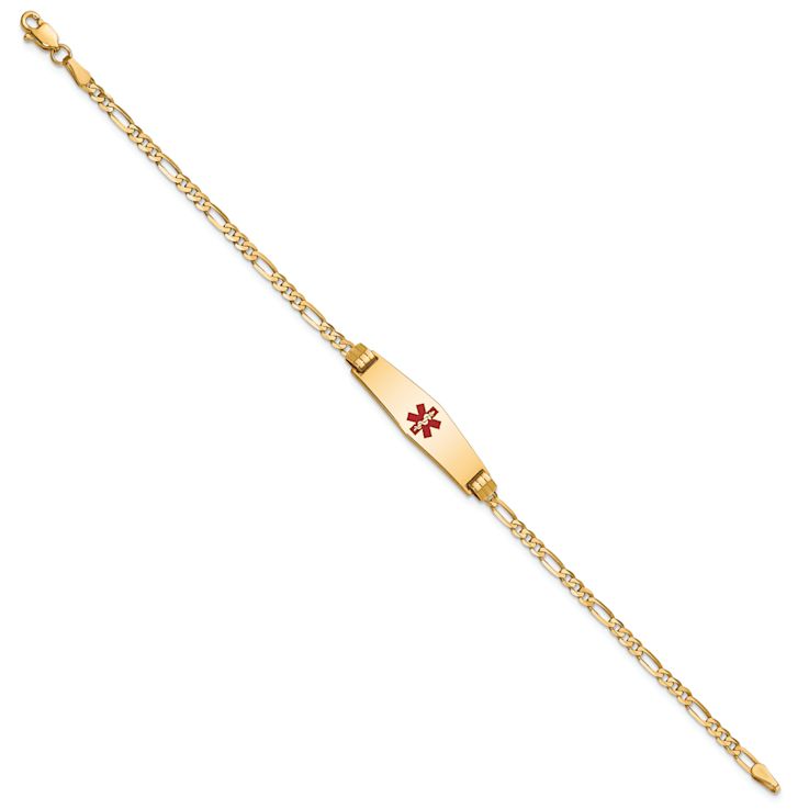 10k Yellow Gold Medical Soft Diamond Shape Red Enamel Figaro Link ID Bracelet