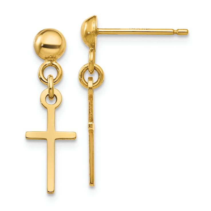 14k Yellow Gold Polished Cross Dangle Stud Earrings