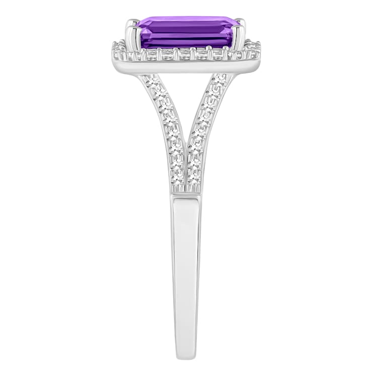 8x6mm Emerald Cut Amethyst 1/4 ctw Diamond Rhodium Over Sterling Silver
Halo Ring