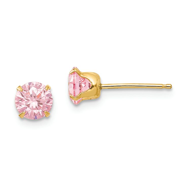 14k Yellow Gold 5mm Children's Pink Cubic Zirconia Stud Earrings