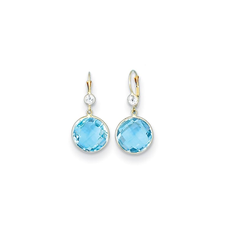 14K Yellow Gold Blue and White Topaz Leverback Dangle Earrings