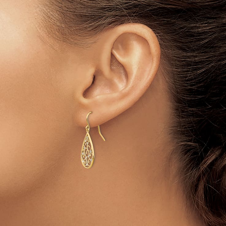 14k Yellow Gold and Rhodium Over 14k Yellow Gold Filigree Textured
Teardrop Dangle Earrings