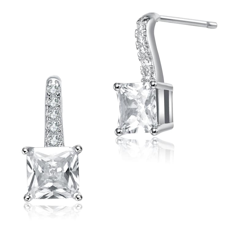 Princess-Cut CZ Solitaire Drop Earrings In White Rhodium Over Brass