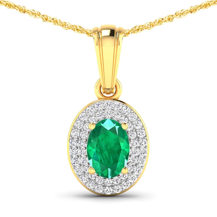 0.56ctw 14K Yellow Gold Zambian Emerald and White Diamond Pendant with
18 inch Cable Chain