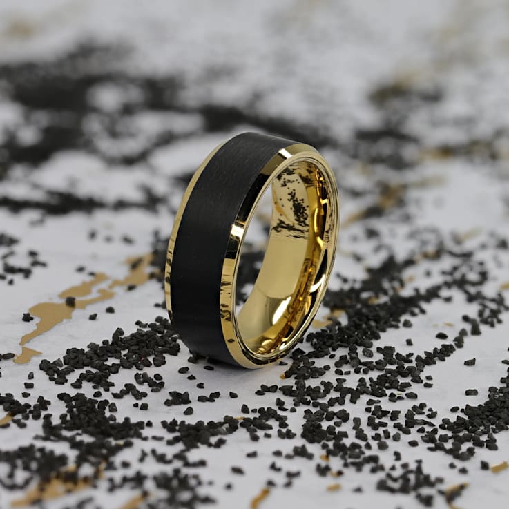 GASTON Gold Plated Tungsten Polished Beveled Ring with Brushed Black
Center 6mm