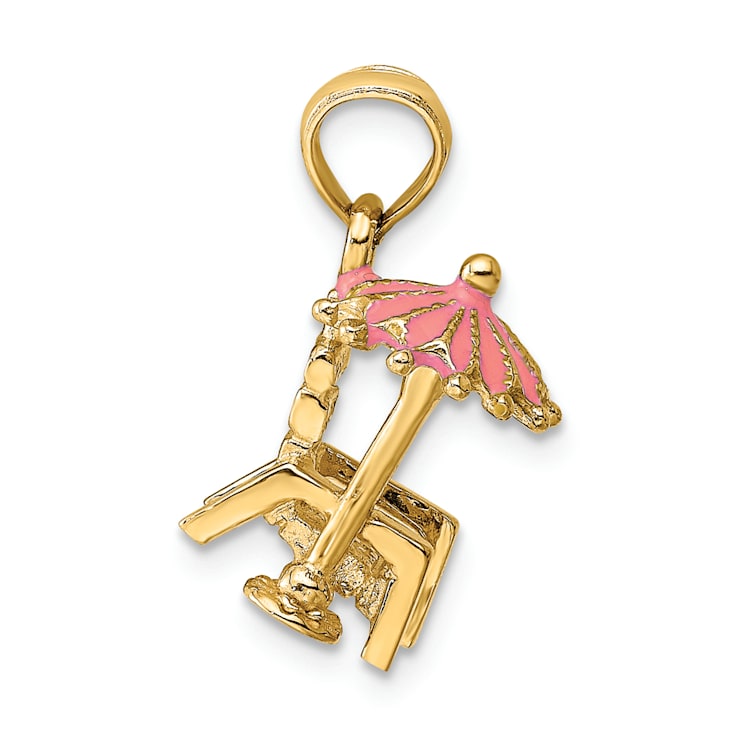 14k Yellow Gold 3D Pink Enamel Beach Chair and Umbrella Pendant