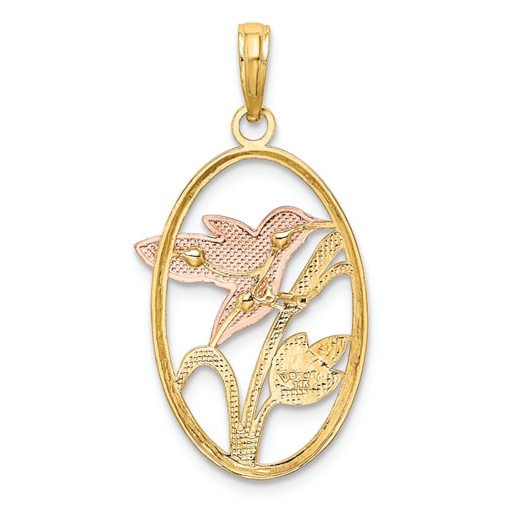 14k Tri-color Gold Hummingbird and Flowers In Oval Frame Charm