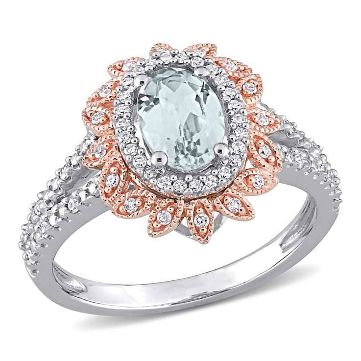 Aquamarine and Diamond 10K White and Rose Gold Shank Ring 0.93ctw
