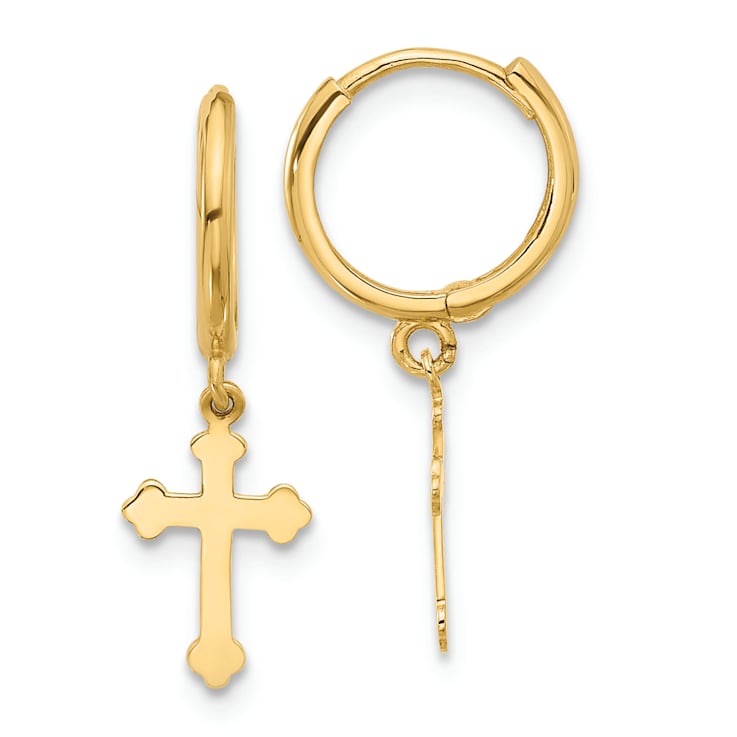 14k Yellow Gold 7/8" Hinged Dangle Cross Hoop Earrings