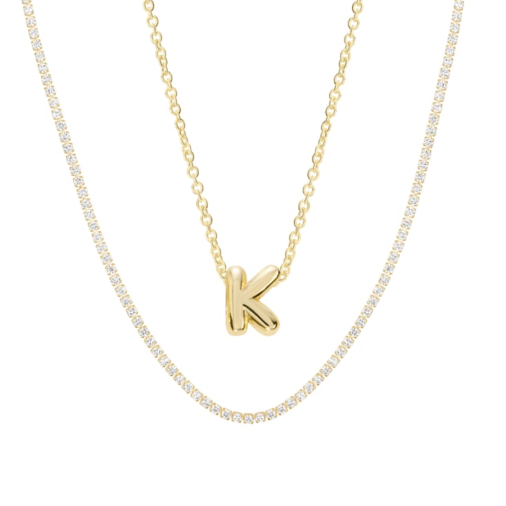 CZ Initial K Tennis Necklace And Pendant Set In 14K Gold Over Brass 4.05ctw