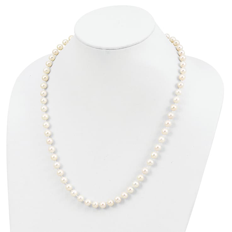 Rhodium Over Sterling Silver 7-8mm White Freshwater Cultured Pearl Necklace