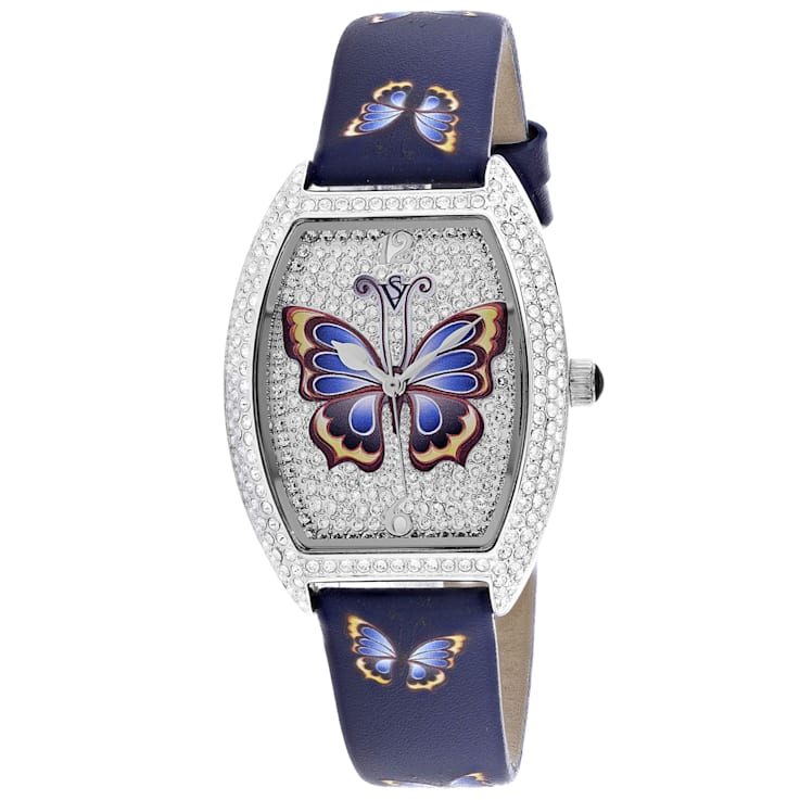 Christian Van Sant Women's Papillon Blue with Multi-color Butterfly
Design Leather Strap Watch