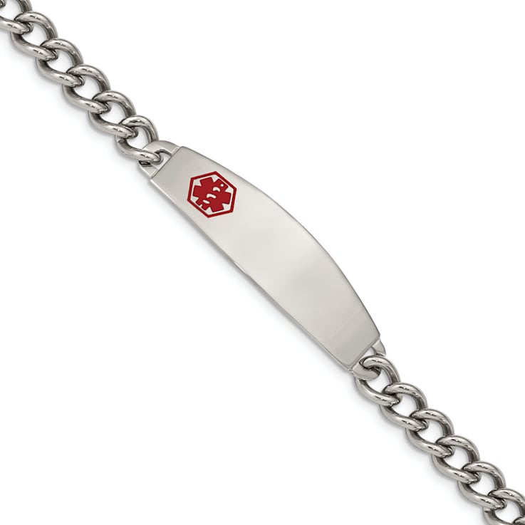 Stainless Steel Polished with Red Enamel 8.5-inch Medical ID Bracelet