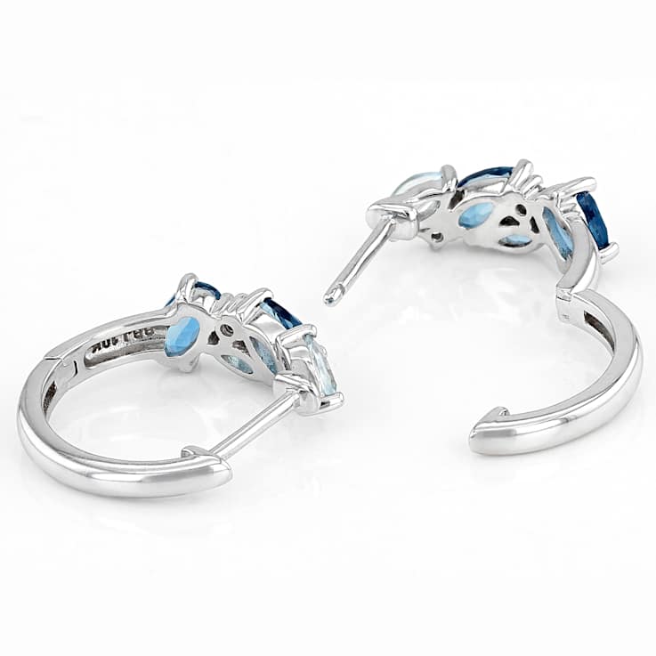 Multi-Blue Topaz Hoop Earrings In Rhodium Over Solid 10K White Gold 1.29ctw