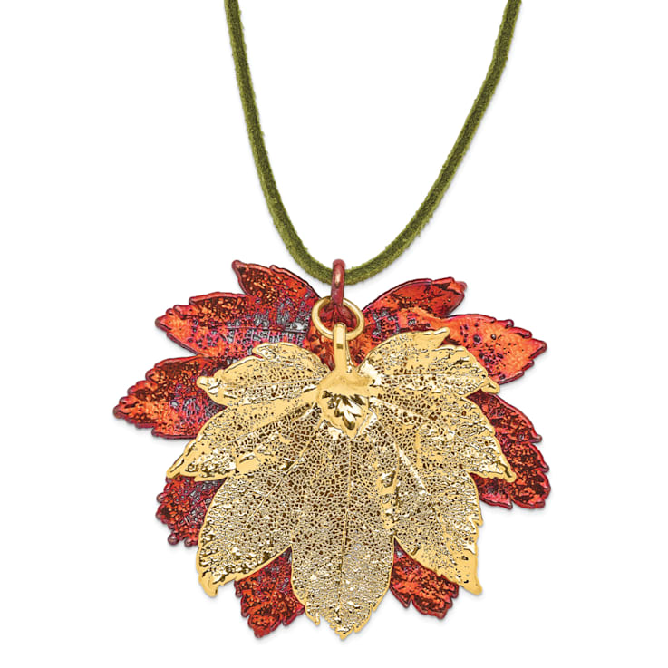 Iridescent Copper and 24k Yellow Gold Dipped Double Full Moon Maple Leaf
20 Inch Necklace