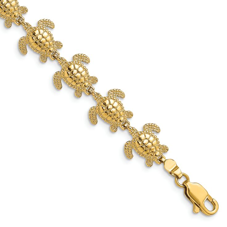 14k Yellow Gold Polished and Textured Mini Sea Turtle Link Bracelet