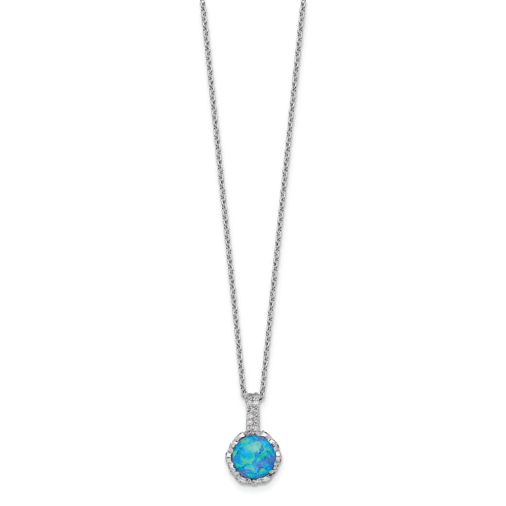 Rhodium Over Sterling Silver Cubic Zirconia and Created Blue Opal Necklace
