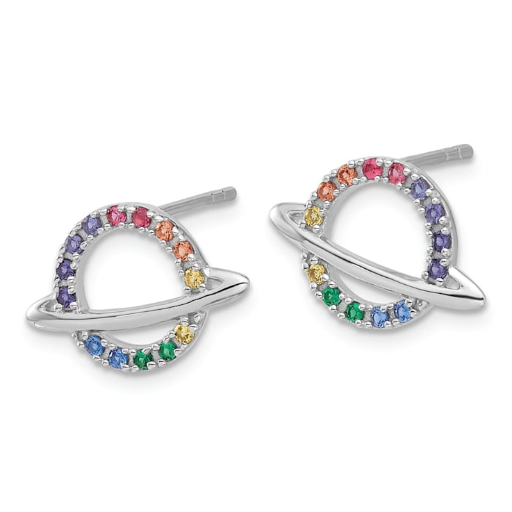 Rhodium Over Sterling Silver Multi-color Crystal Planet Children's Post Earring