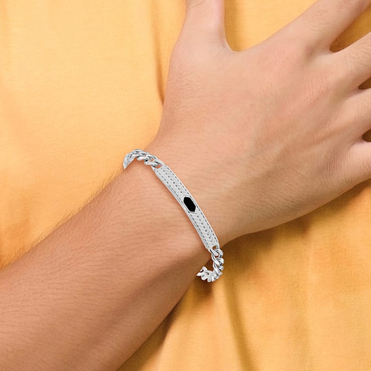 Rhodium Over Sterling Silver Enameled Bar Men's 8 Inch Bracelet