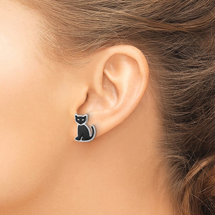 Rhodium Over Sterling Silver Polished Black Enameled Cat Post Earrings