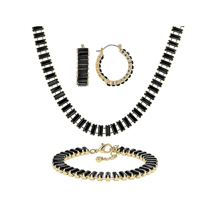 Black Crystal Tennis Necklace, Bracelet And Earring Set In Gold Tone