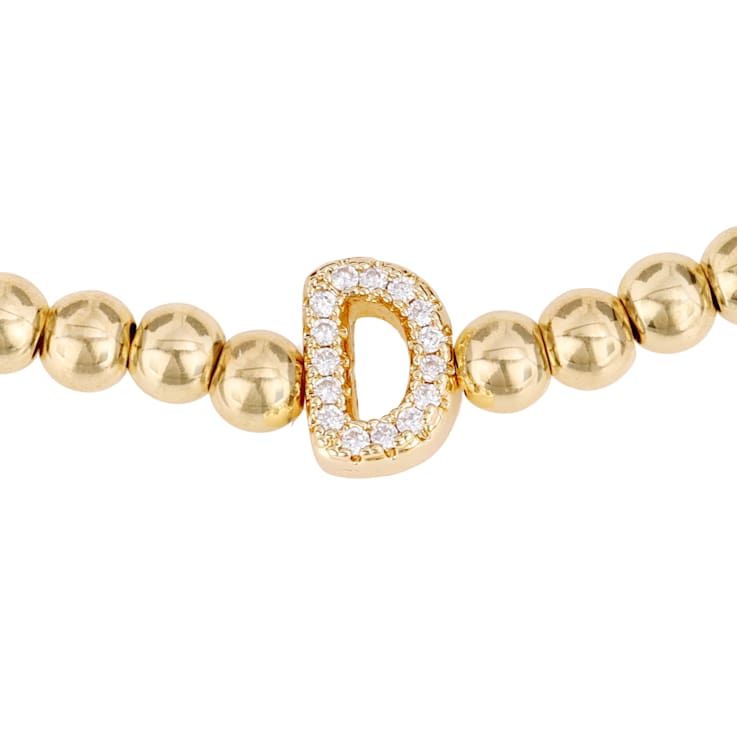 Initial D CZ Beaded Bracelet Set In 14K Gold Over Brass 0.15ctw