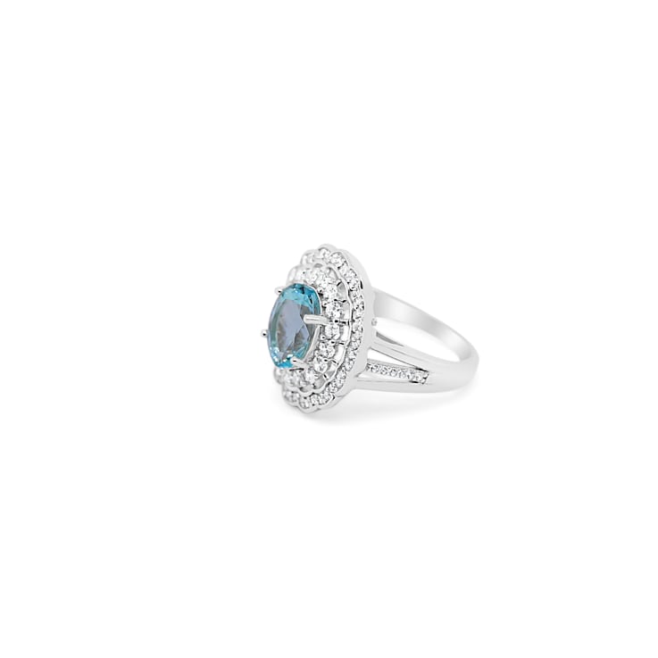 10x8mm Oval Aquamarine and White CZ Rhodium Over Sterling Silver Ring, 2.46ctw