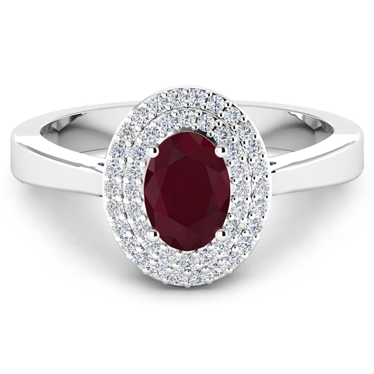1.11ctw Red Ruby and Diamond 14K White Gold Halo Ring