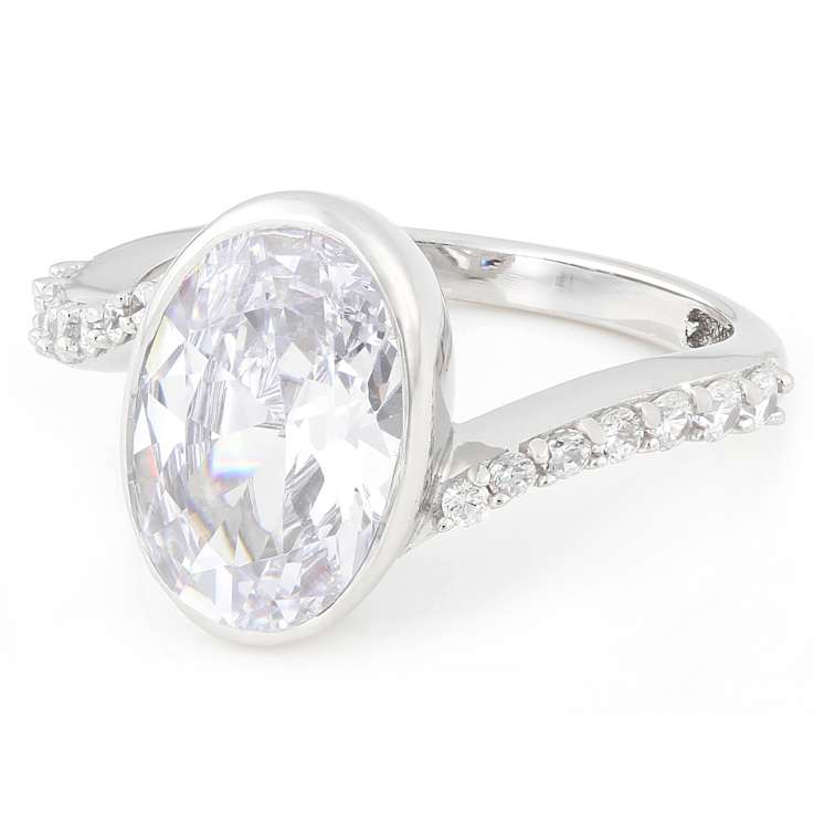 Bezel Set Oval CZ Bypass Ring In Sterling Silver