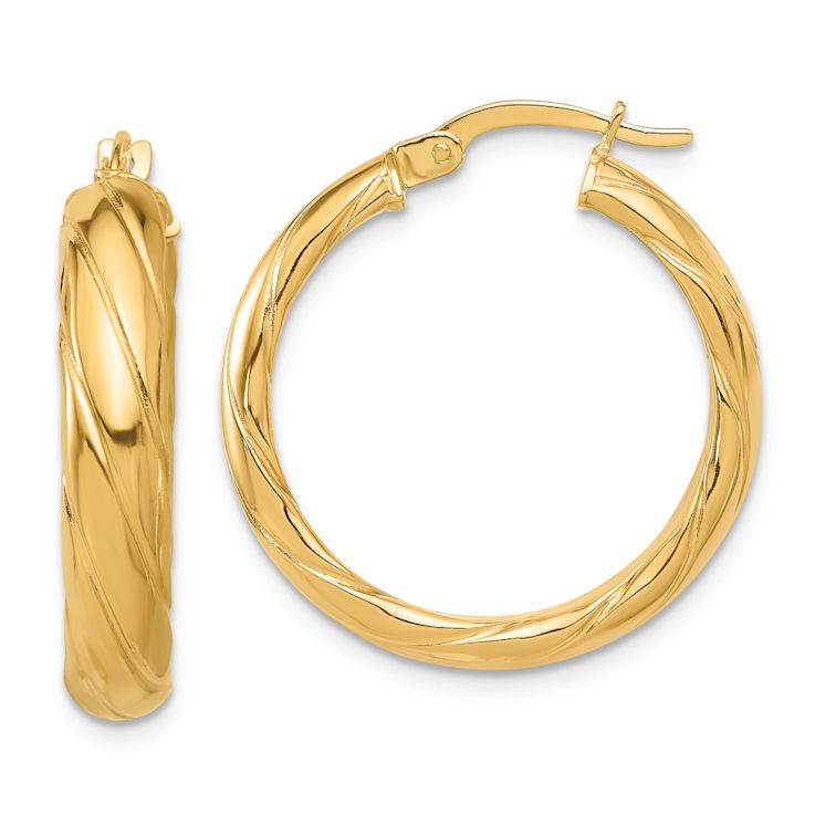 14k Yellow Gold Polished and Textured 1" Twisted Hoop Earrings