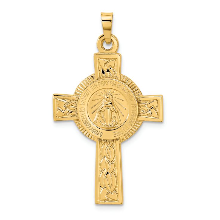 14k Yellow Gold Textured Cross with Miraculous Medal Pendant