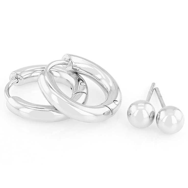 Huggie and Ball Stud Earring Stacking Set In Silver Tone