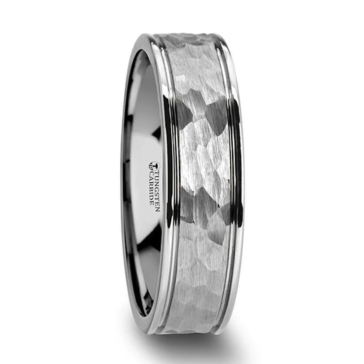 THORNTON Hammered Finish White Tungsten Carbide Wedding Band with Offset
Grooves/Polished Edges 6mm