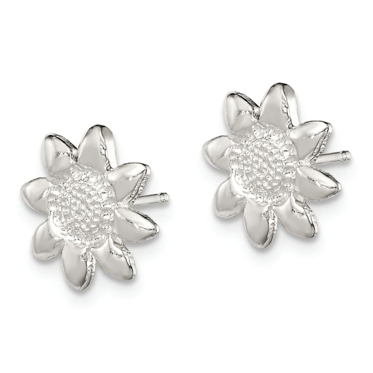 Rhodium Over Sterling Silver Polished and Textured Sunflower Post Earrings