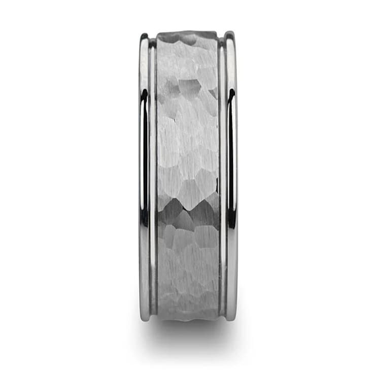 THORNTON Hammered Finish White Tungsten Carbide Wedding Band with Offset
Grooves/Polished Edges 8mm