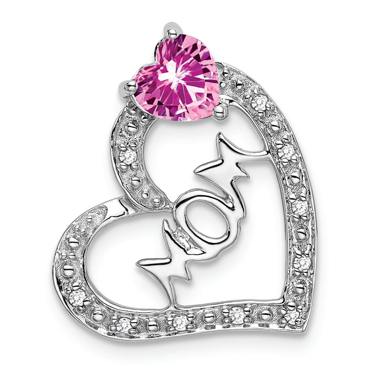 Rhodium Over 14k White Gold Lab Created Pink Sapphire and Diamond Mom
Heart Pendant
