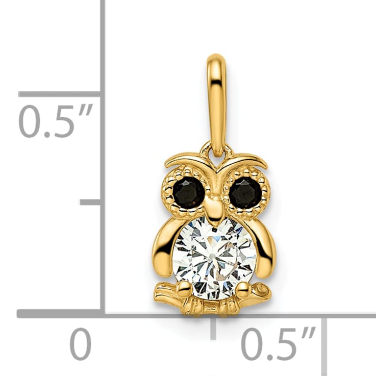 14K Yellow Gold Black and White Cubic Zirconia Owl Pendant