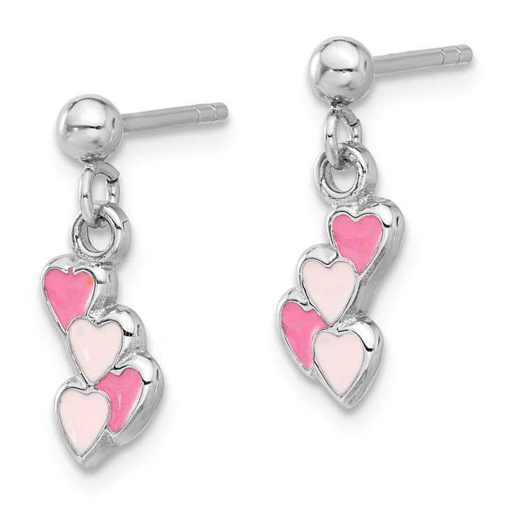 Rhodium Over Sterling Silver Pink Enamel Hearts Post Dangle Earrings