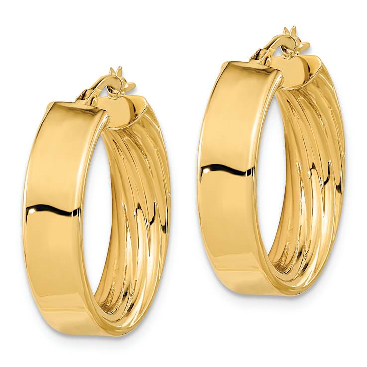 14k Yellow Gold Polished and Inside Textured 7/8" Hoop Earrings