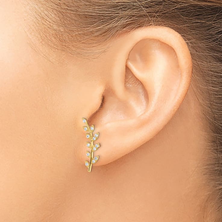 14K Yellow Gold CZ Fern Ear Climber Earrings