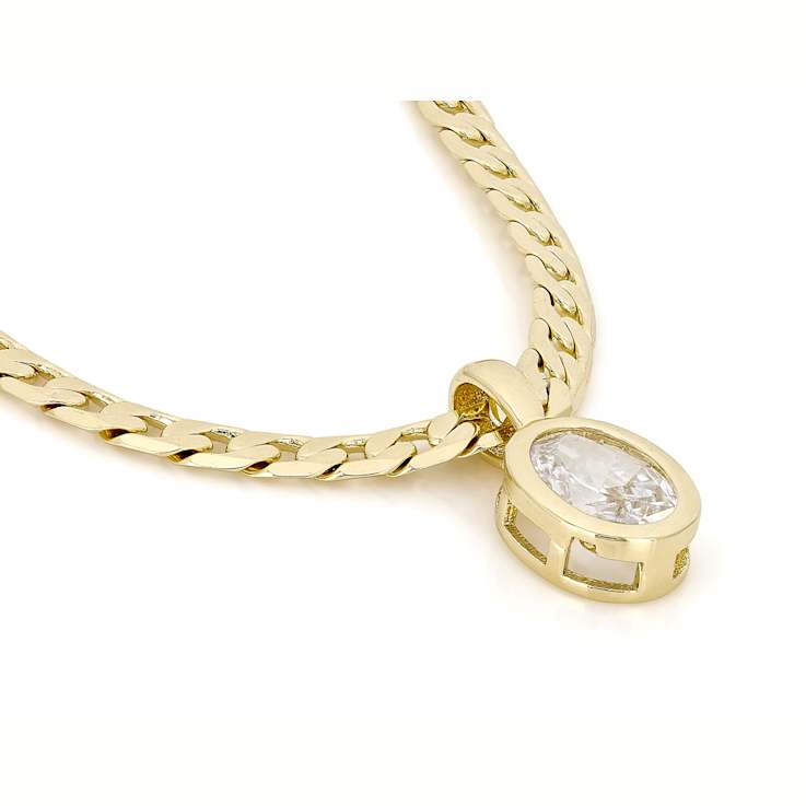 Bezel Set CZ Pendant With Curb Chain In 18k Yellow Gold Over Brass