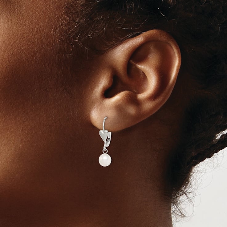 Rhodium Over Sterling Silver 6-7mm Freshwater Cultured Pearl Heart
Leverback Dangle Earrings