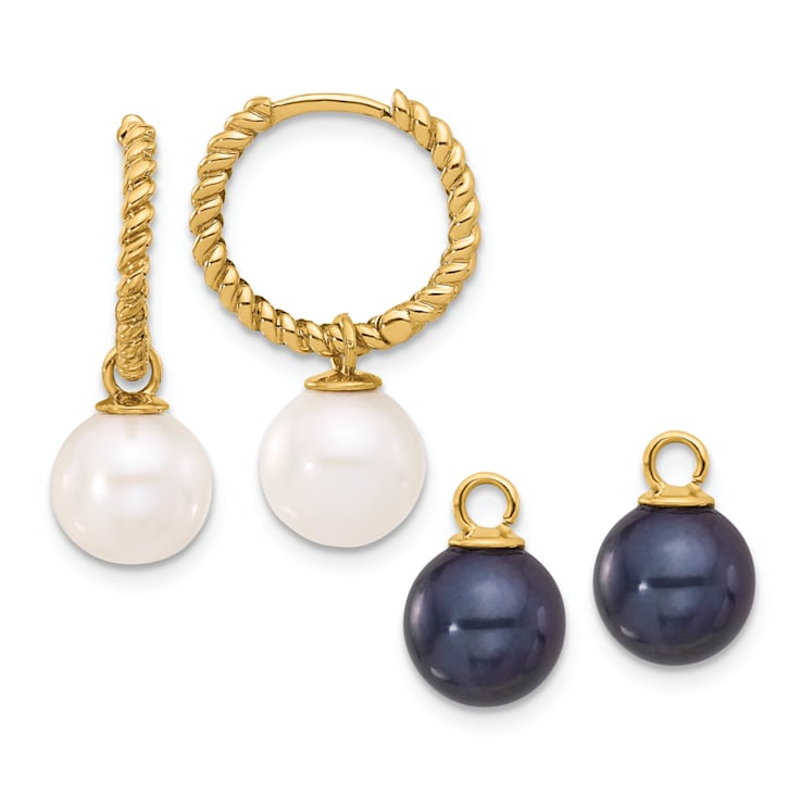 14K Yellow Gold 7-8mm Black and White Freshwater Cultured Pearl
Removable Dangle Hoop Earrings