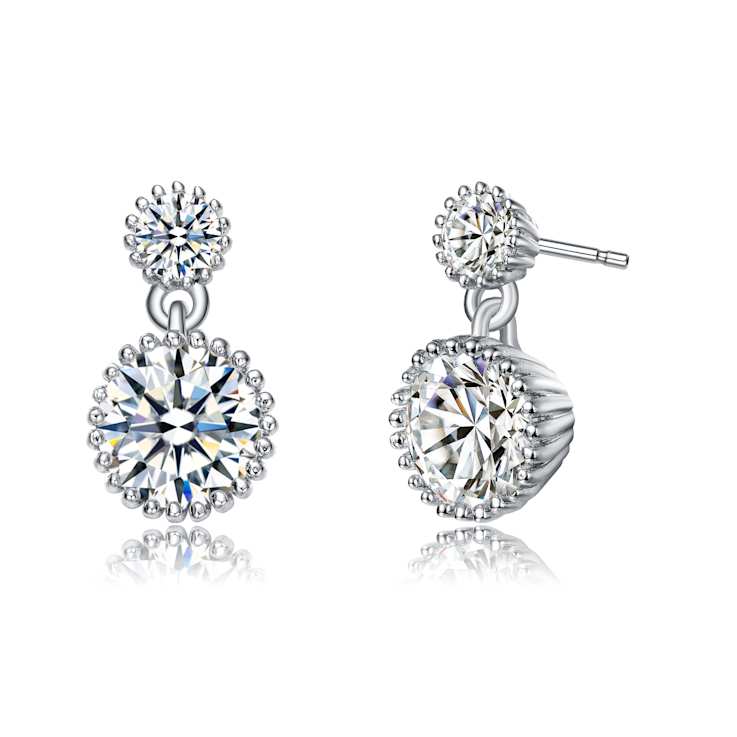 Two-Stone CZ Milgrain Drop Earrings In White Rhodium Over Brass